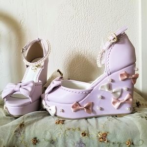 Deary Gyaru Lolita Ribbon & Pearl Wedge Shoes